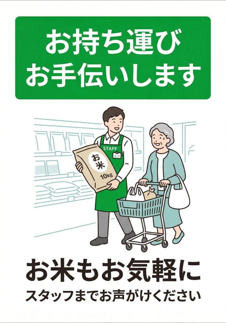 スーパーでの持ち運びお手伝いの張り紙｜米袋版