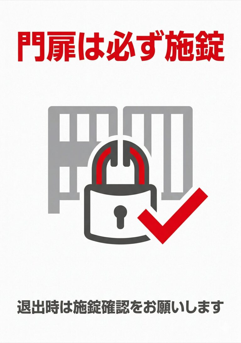 工事現場向け「門扉は必ず施錠」張り紙