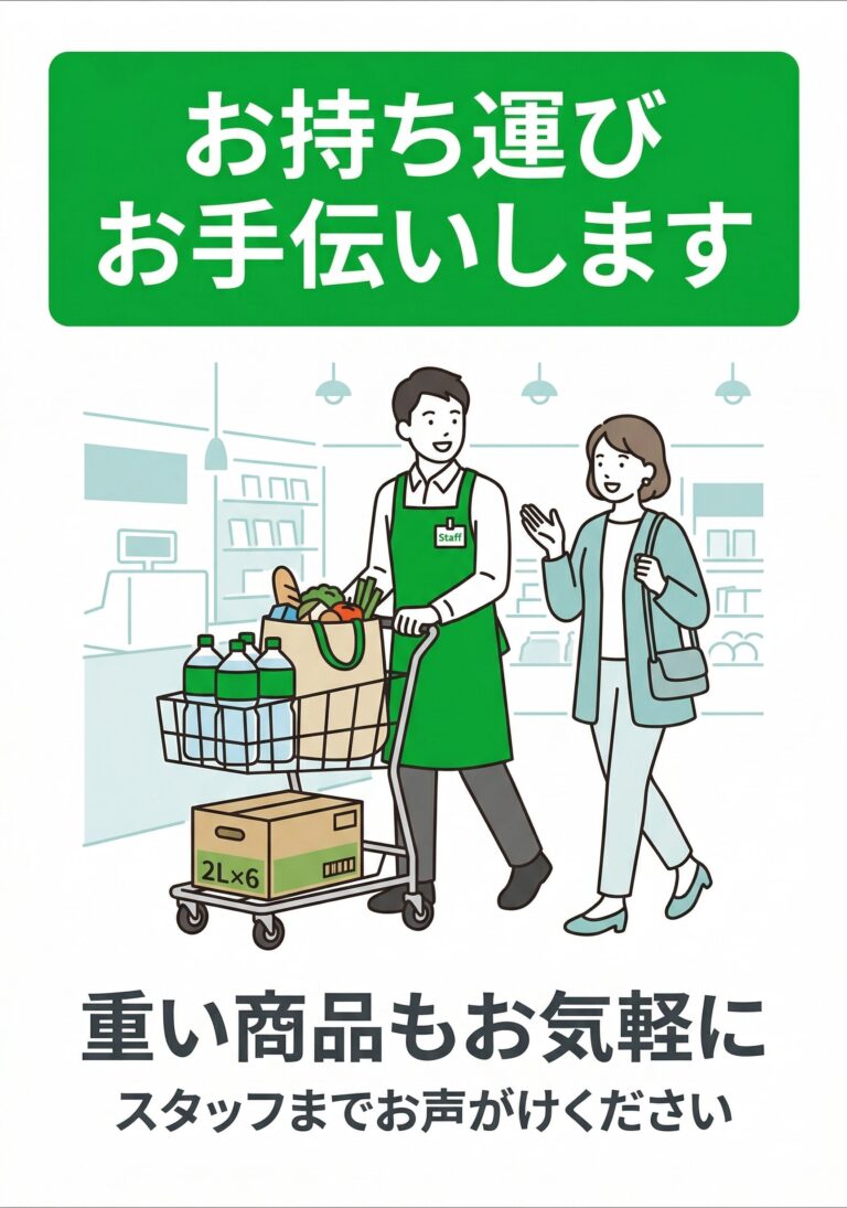 スーパーでの持ち運びお手伝いの張り紙｜飲料ケース版