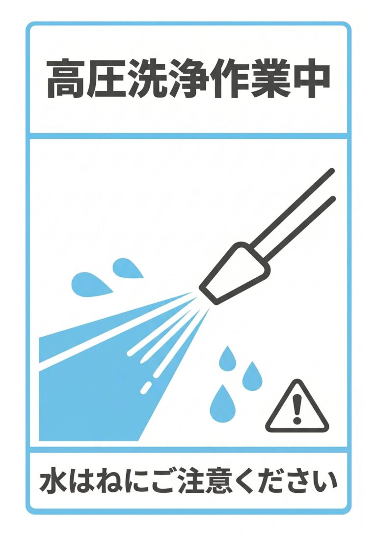 高圧洗浄作業中 水はね注意の張り紙